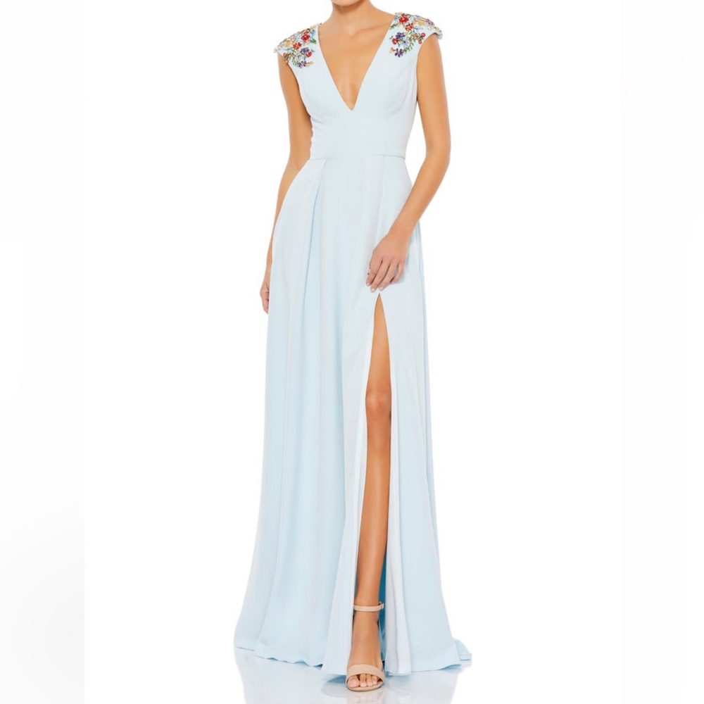 Mac Duggal beaded shoulders crepe long dress, sz 14,new, no missing beads
